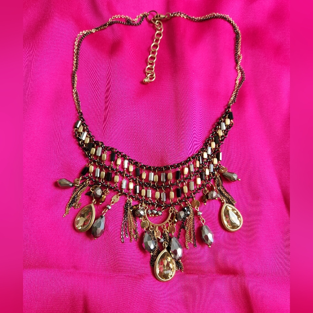 Chunky Bejeweled Necklace, black, bronze and gold tones
